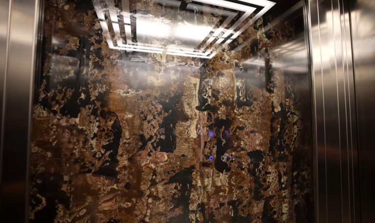 Lift cabin with a custom patterned acrylic wall in brown and black, stainless doors and a layered ceiling light