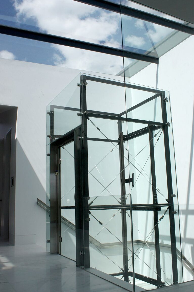 Glass home lift in a black-framed glass shaft beside a white landing in McMahons Point