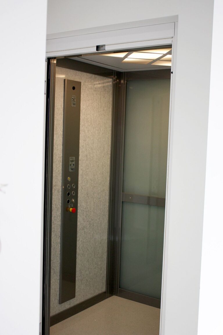 Open lift door showing the ElfoLift cabin with a vertical control panel, a textured feature wall and milk glass panels