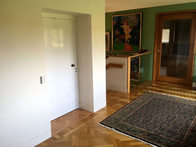 Flush white lift door on a parquetry floor beside a green painted wall and rug