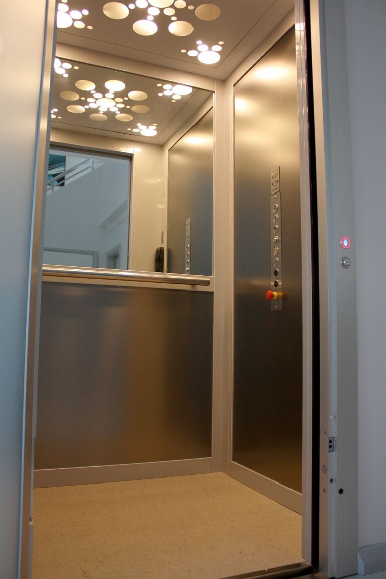 Inside the finished lift cabin with stainless steel walls and flower cut ceiling lights