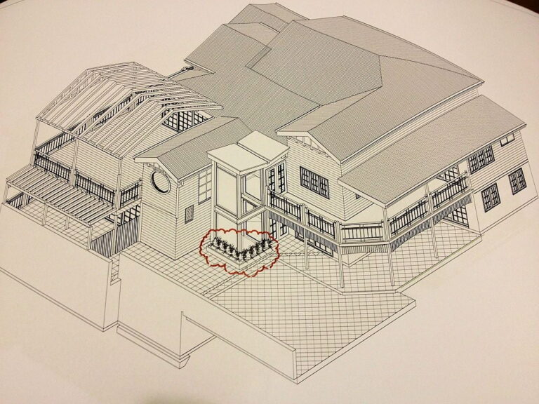 Architectural drawing of a house with the lift location marked in red