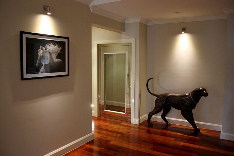 Timber floored hallway with a bronze panther sculpture, framed photograph and a lift door