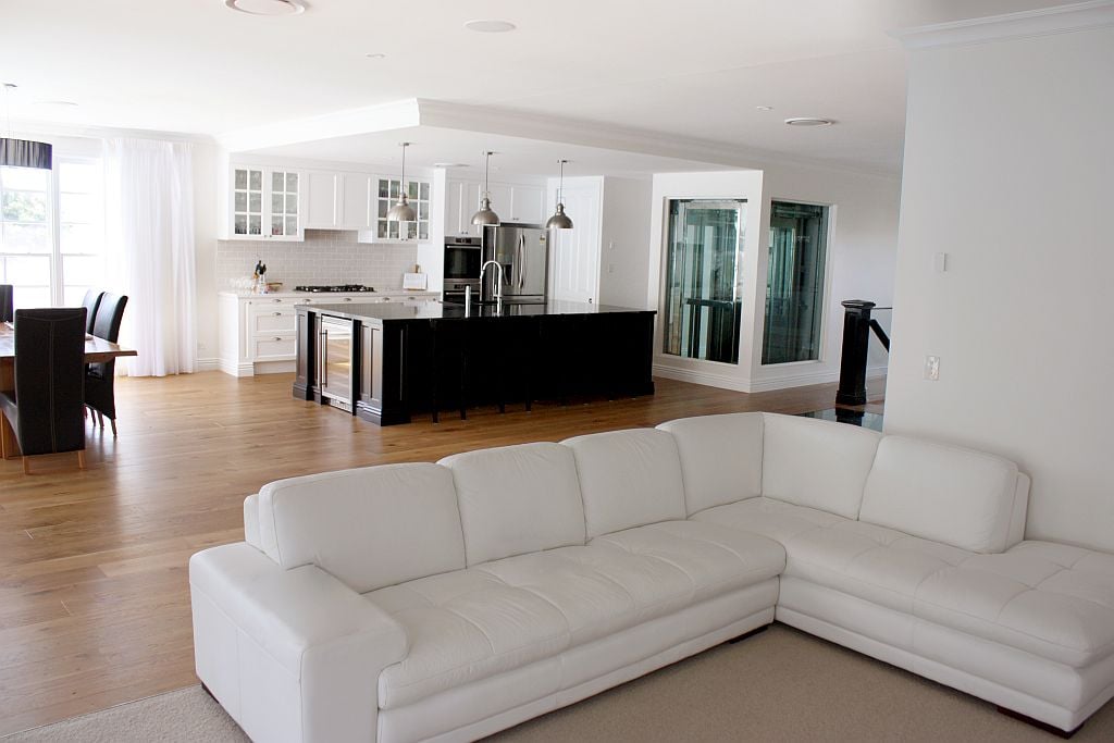 Couch, kitchen benchtop, and lift shaft