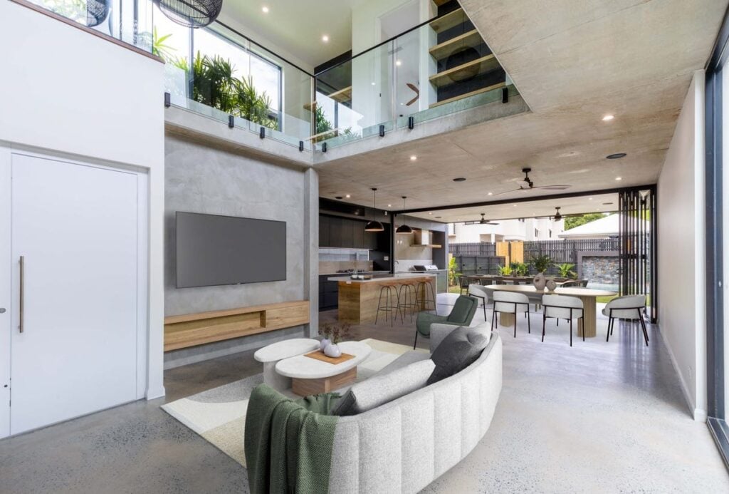 White swing door blending into villa design