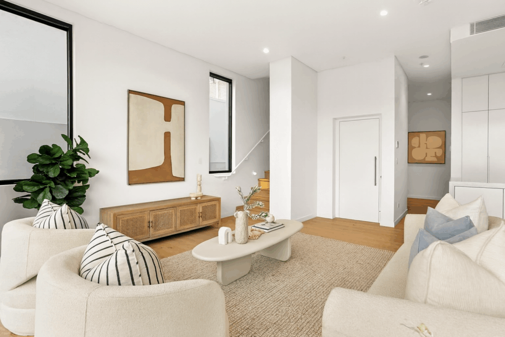 Discreet Lift Shop E Series lift blending into Rose Bay townhouse living room