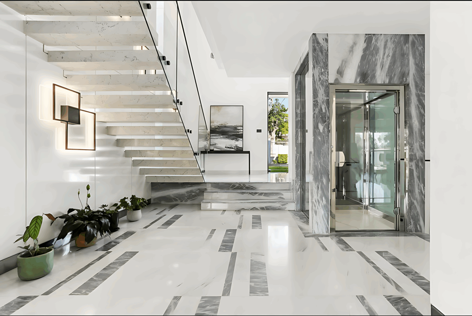 Strathfield home entry with a floating marble staircase and a Lift Shop A Series lift framed in grey and white marble beside the stair