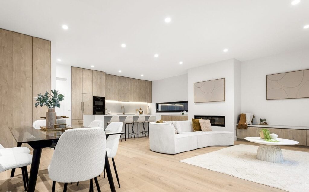 Kitchen in Caulfield North with bright interior and woodel details