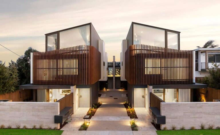 Modern coastal townhouse development in Ocean Grove with architectural detailing