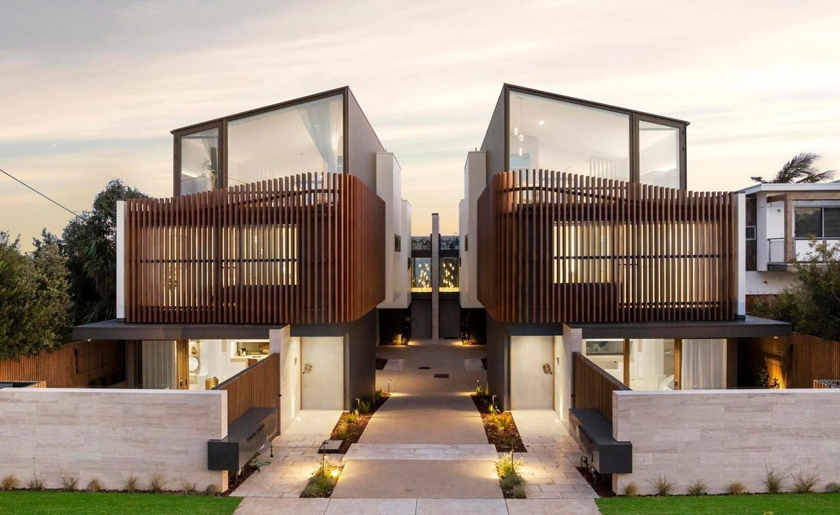 Modern coastal townhouse development in Ocean Grove with architectural detailing