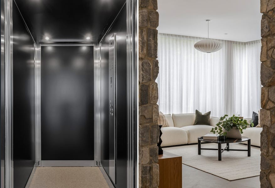 Luxury Lift Shop A Series home elevator with matt black cabin walls and brushed stainless steel finishes in Kew residence
