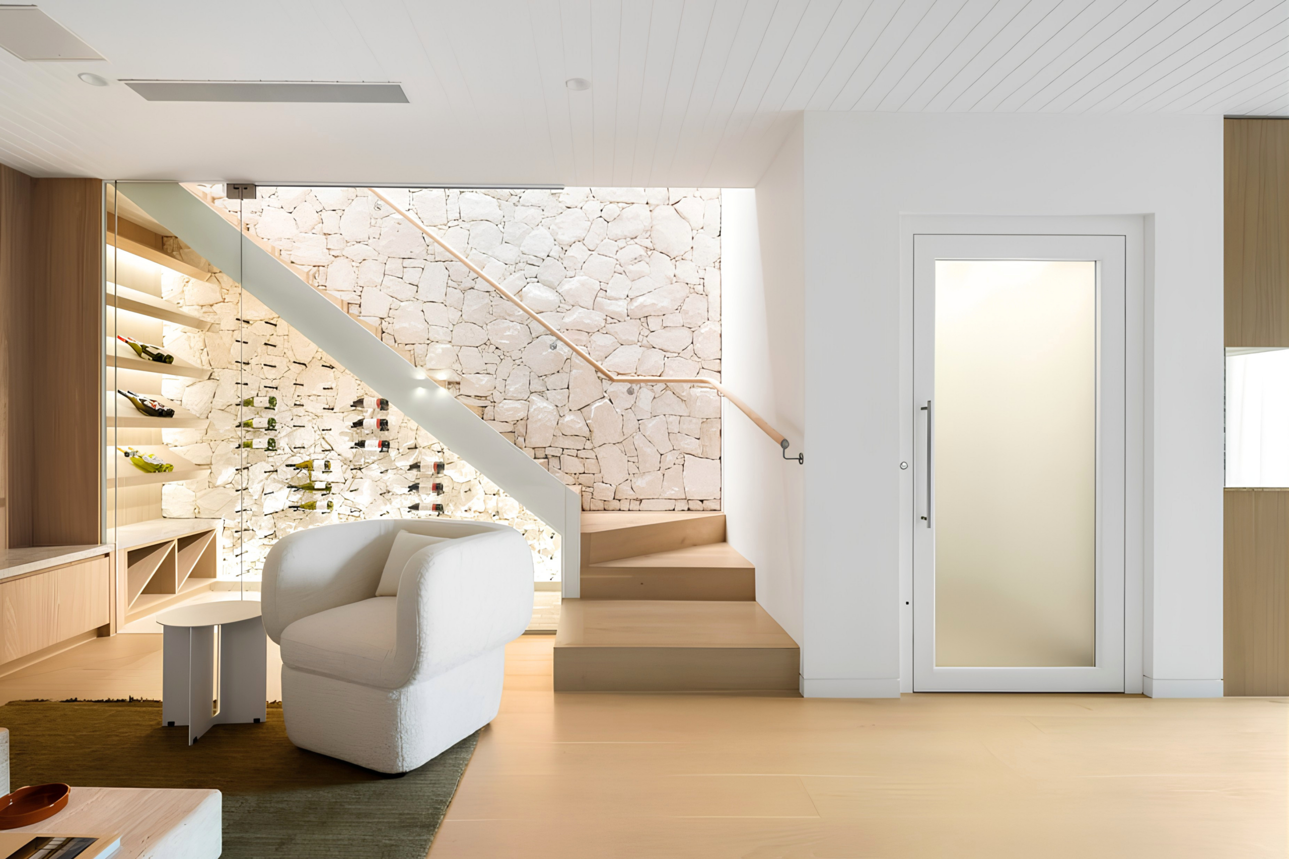 A Lift Shop swing door home lift with white frame and frosted glass