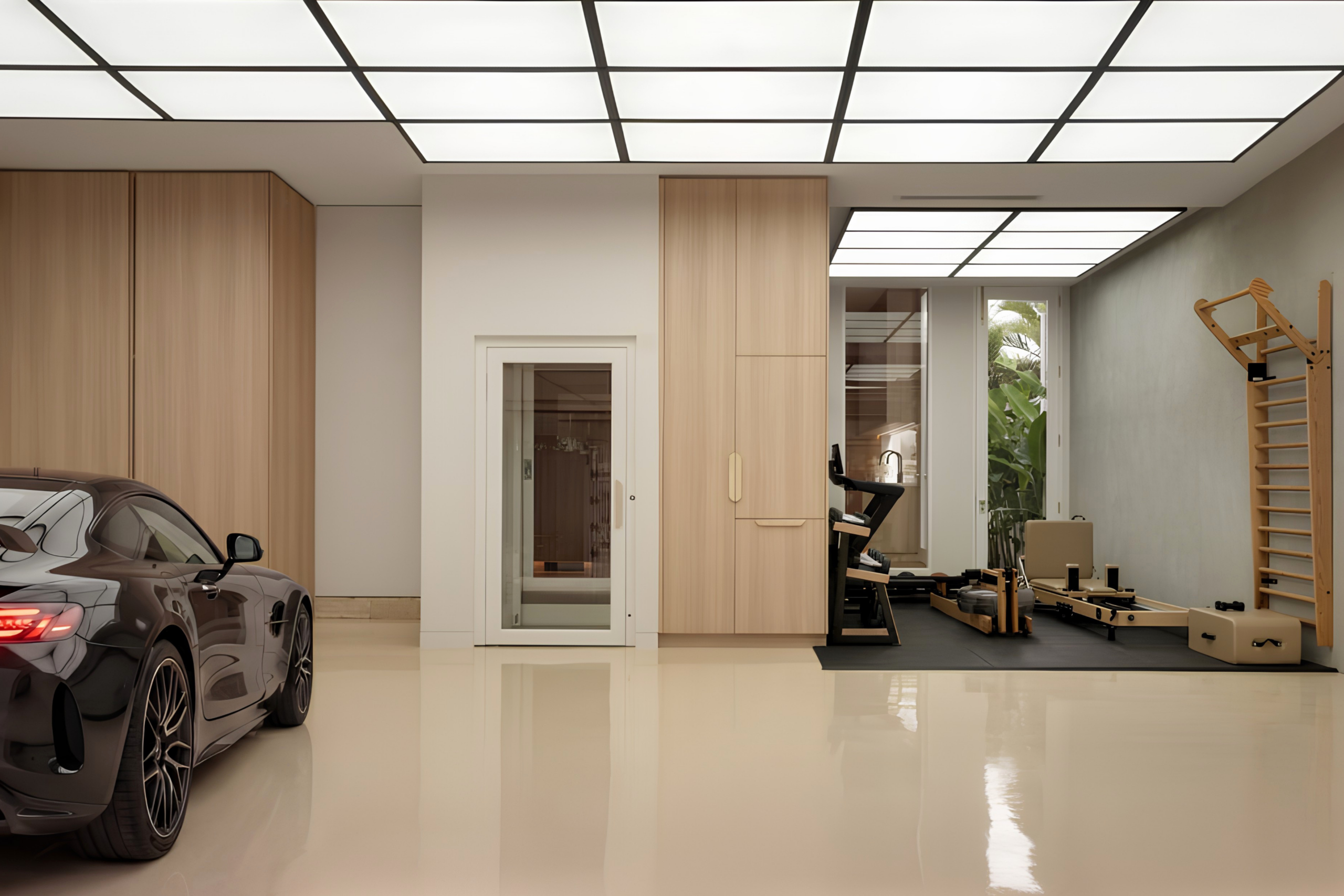 Lift Shop swing door home lift with clear glass in a luxury garage and gym