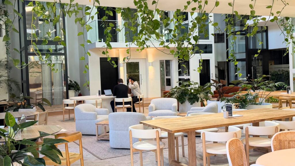 Lounge seating and home lifts under hanging greenery in the Lift Shop Sydney showroom