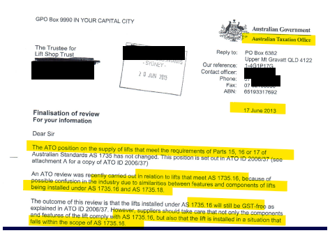 ATO letter dated 17 June 2013 confirming the GST position on lifts under AS 1735.16 and AS 1735.18