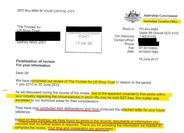 ATO letter dated 18 June 2013 finalising the review of Lift Shop with no errors found