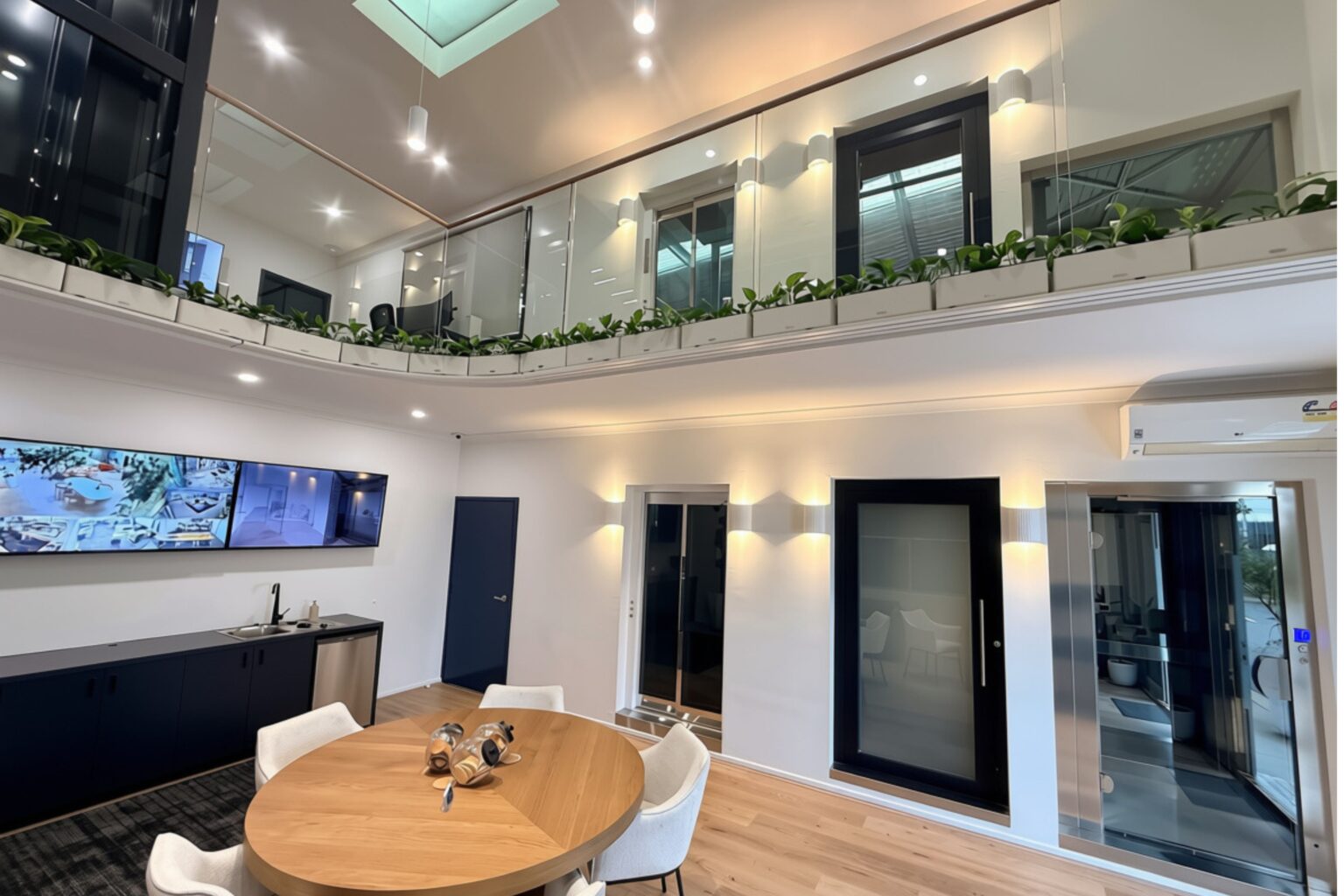 Home lifts with black and glass doors beside a meeting table in the Lift Shop Perth showroom