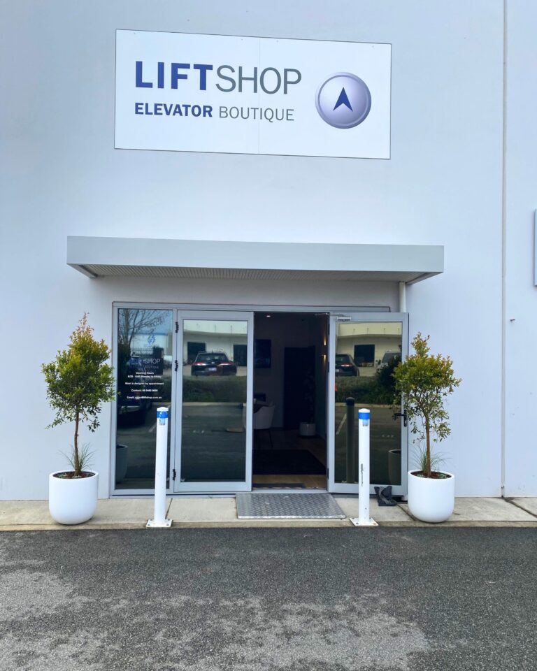Entrance of the Lift Shop Perth showroom with the Lift Shop Elevator Boutique sign above the doors