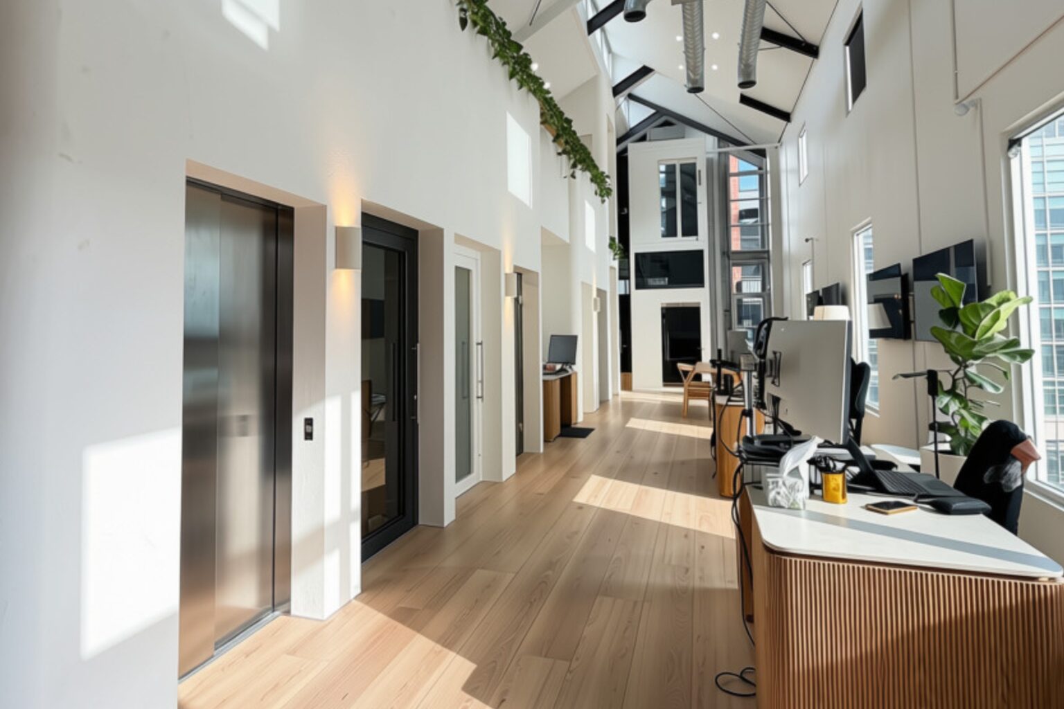 Home lift doors along a bright hallway with timber floors in the Lift Shop Melbourne showroom