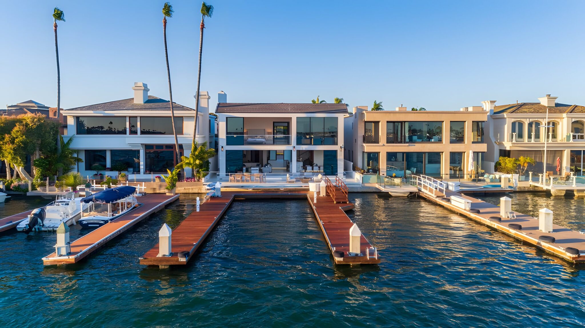 Row of waterfront homes with boat docks on the marina in Newport Beach