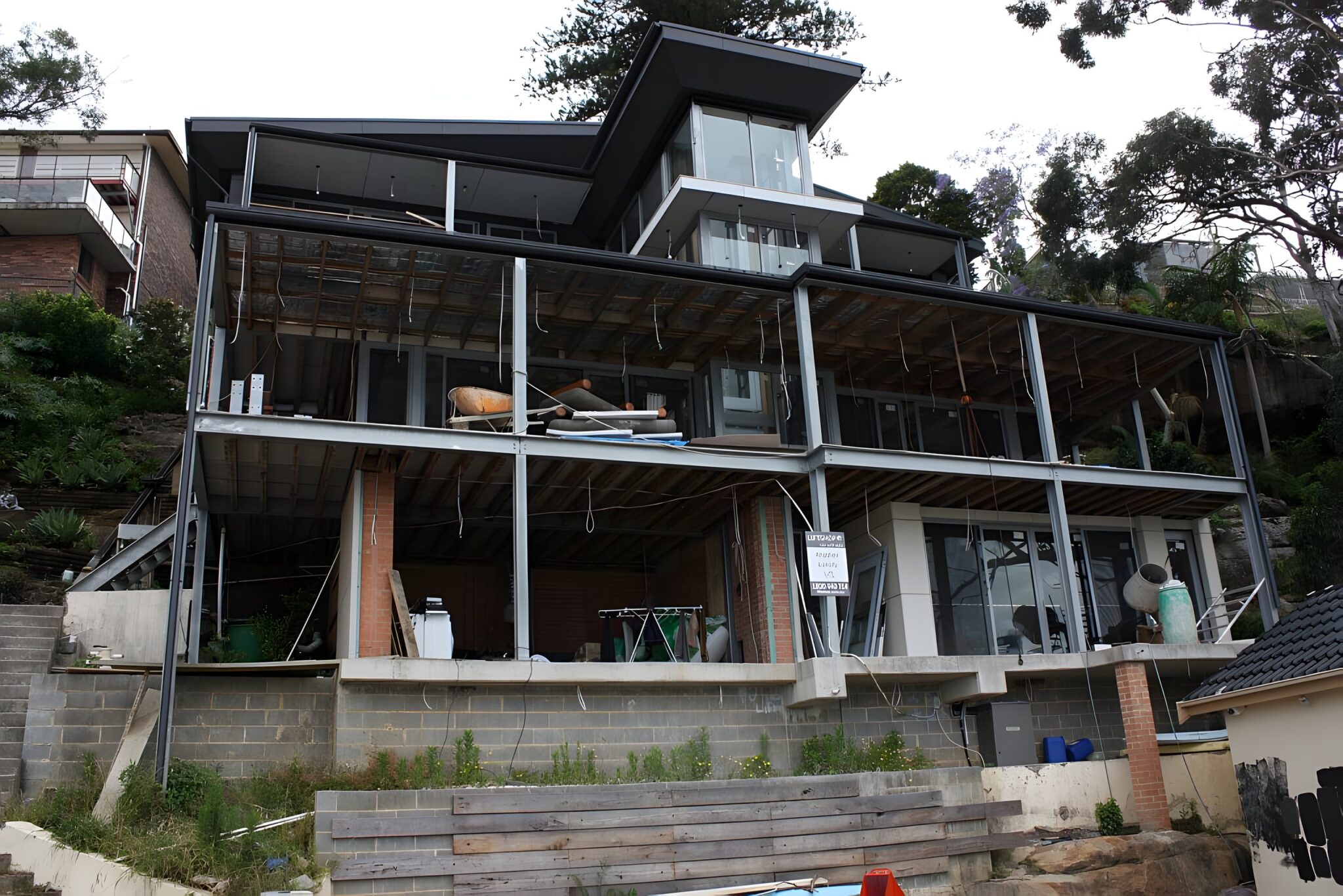 House under construction on a sloping waterfront block with steel framing and balconies