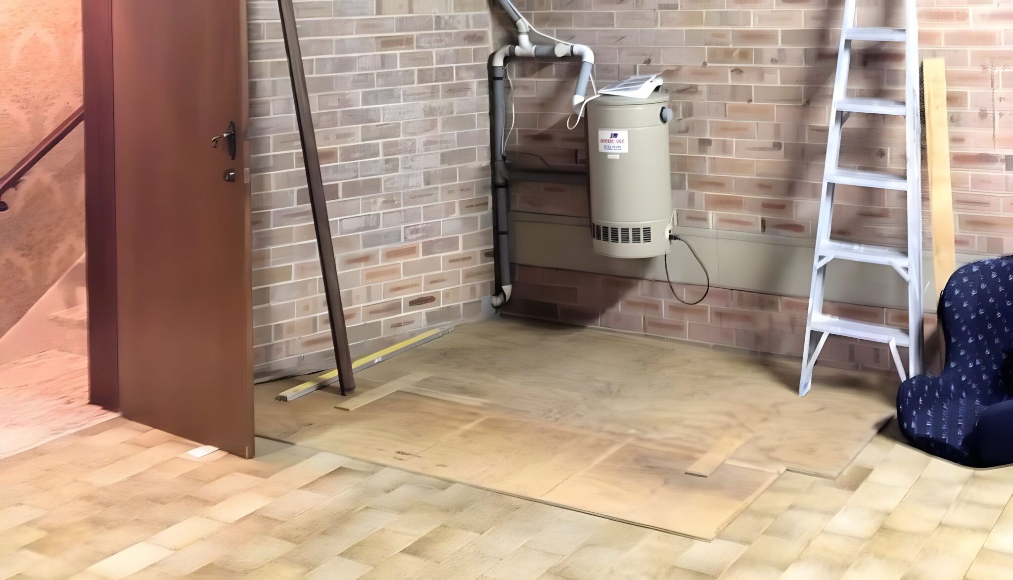 Brick-walled room in a Sylvania Waters home with a timber floor, a timber door, a ladder and a wall-mounted unit, where the retrofit lift was planned