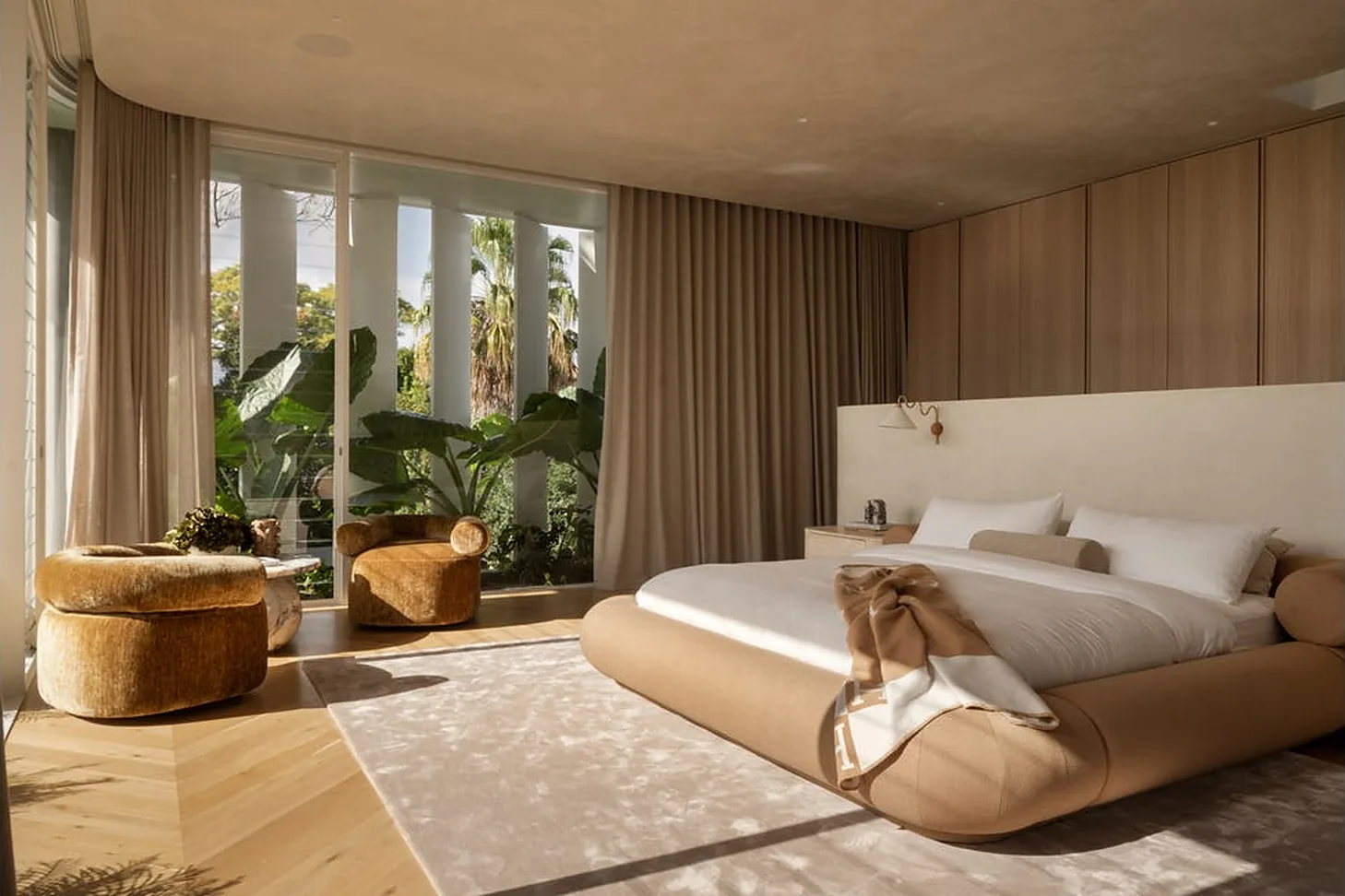 Main bedroom with timber wardrobes and garden screens in a New Farm home Main bedroom with timber wardrobes and garden screens in a New Farm home