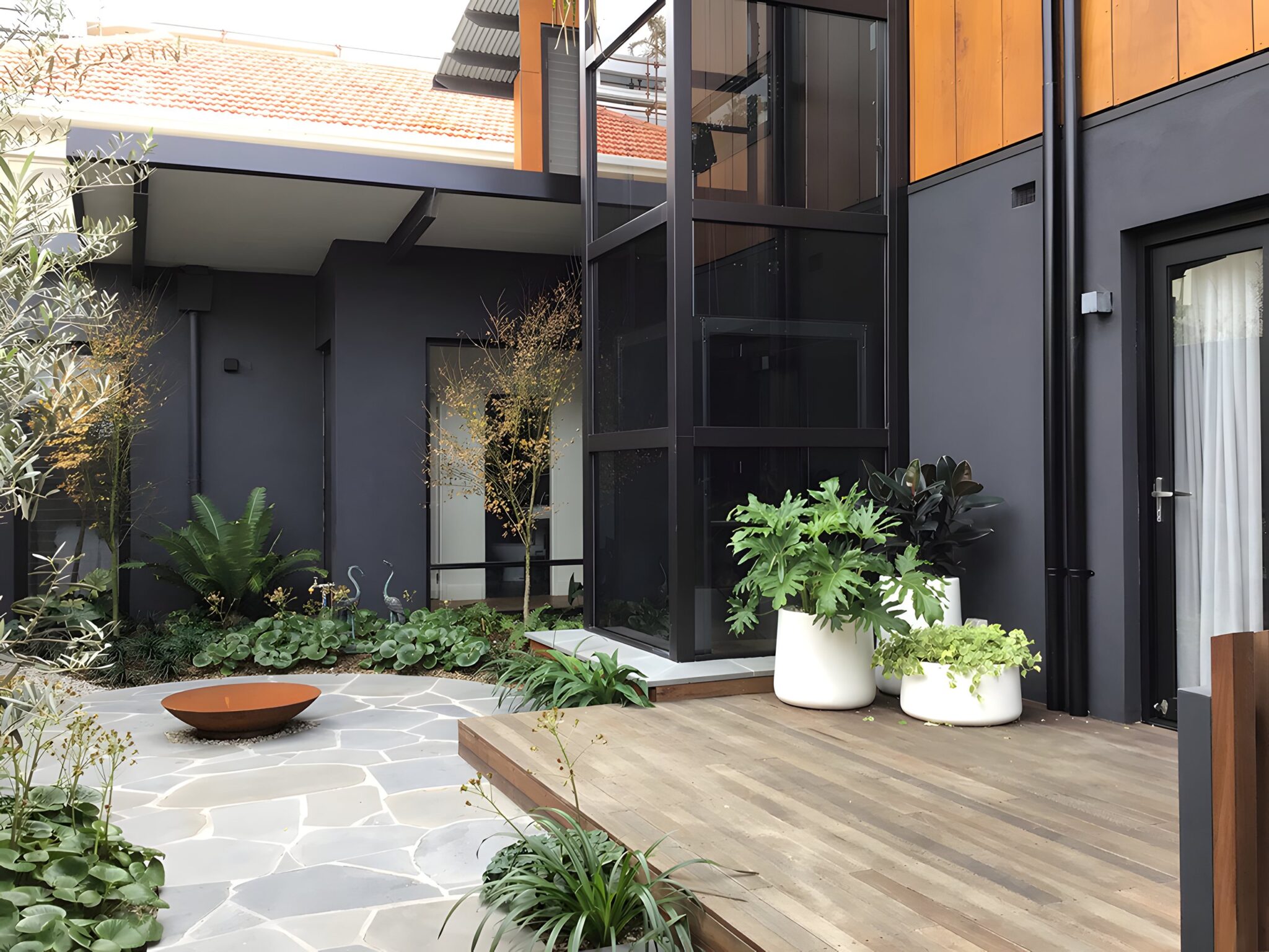 Black framed glass lift shaft rising beside timber cladding in a landscaped Coogee courtyard with a timber deck