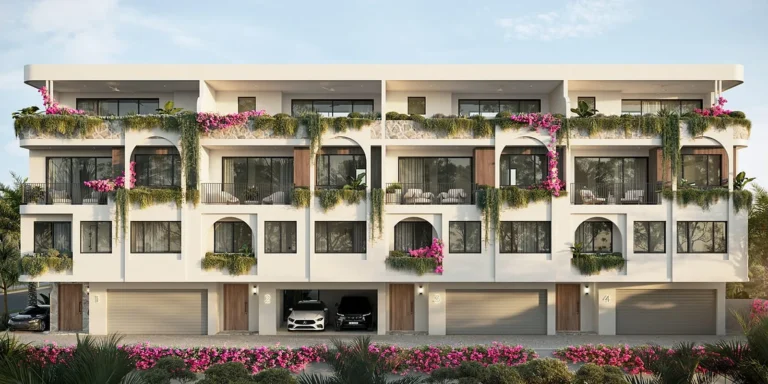 Four-storey townhouse development frontage at Palm Beach on the Gold Coast