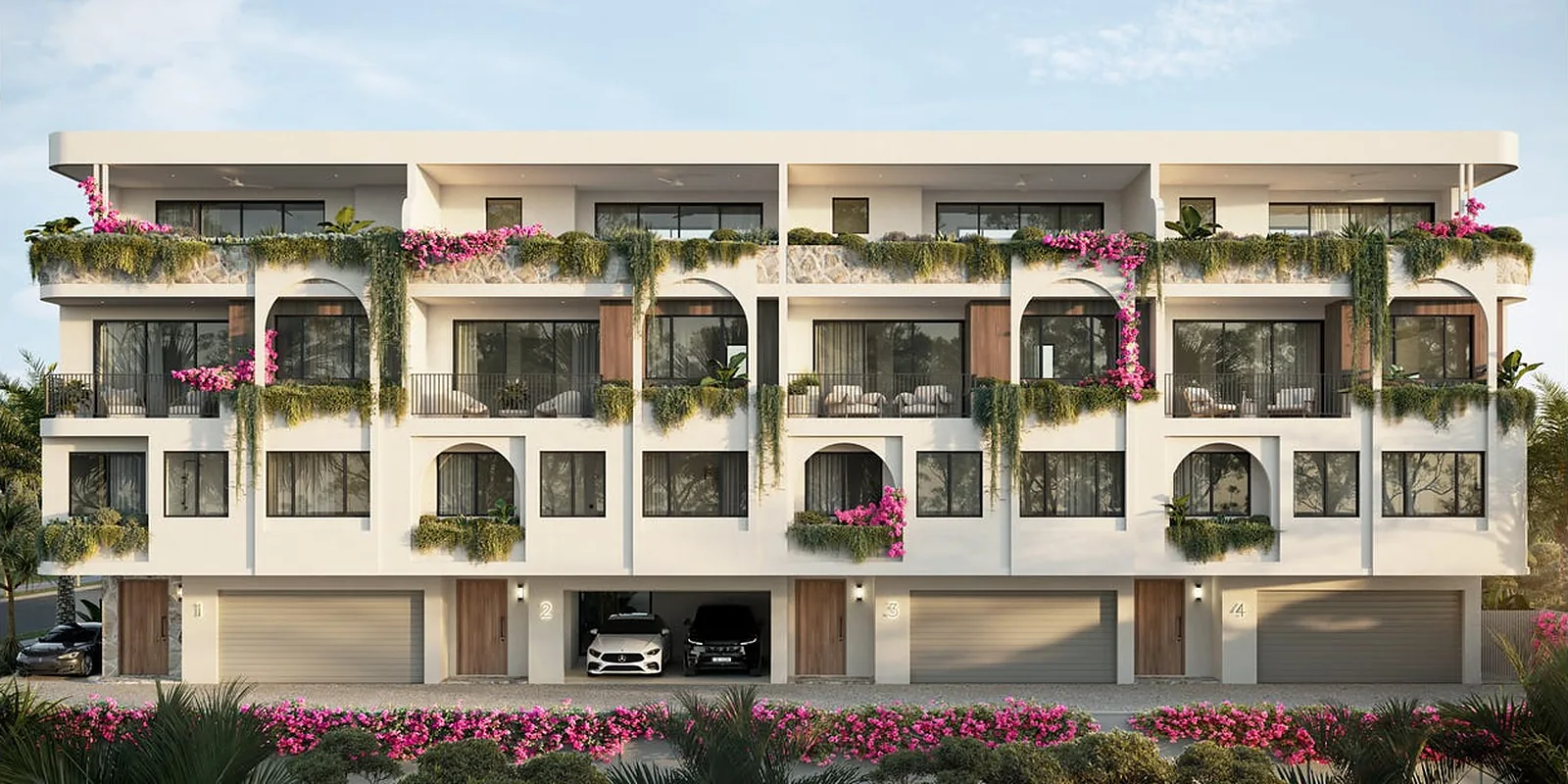 Four-storey townhouse development frontage at Palm Beach on the Gold Coast
