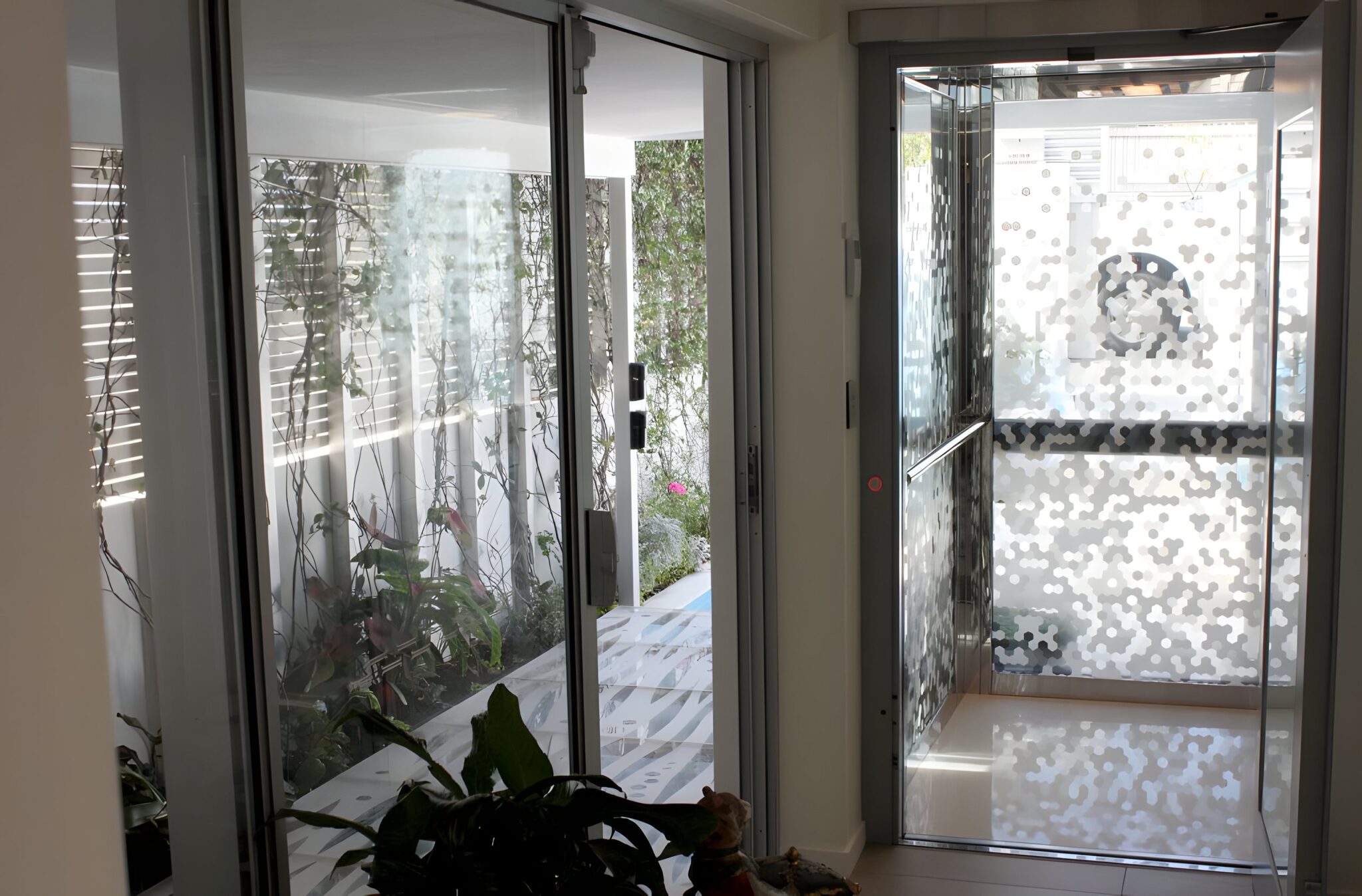 Lift car with a frosted dot-pattern glass wall beside a courtyard garden in a Teneriffe home