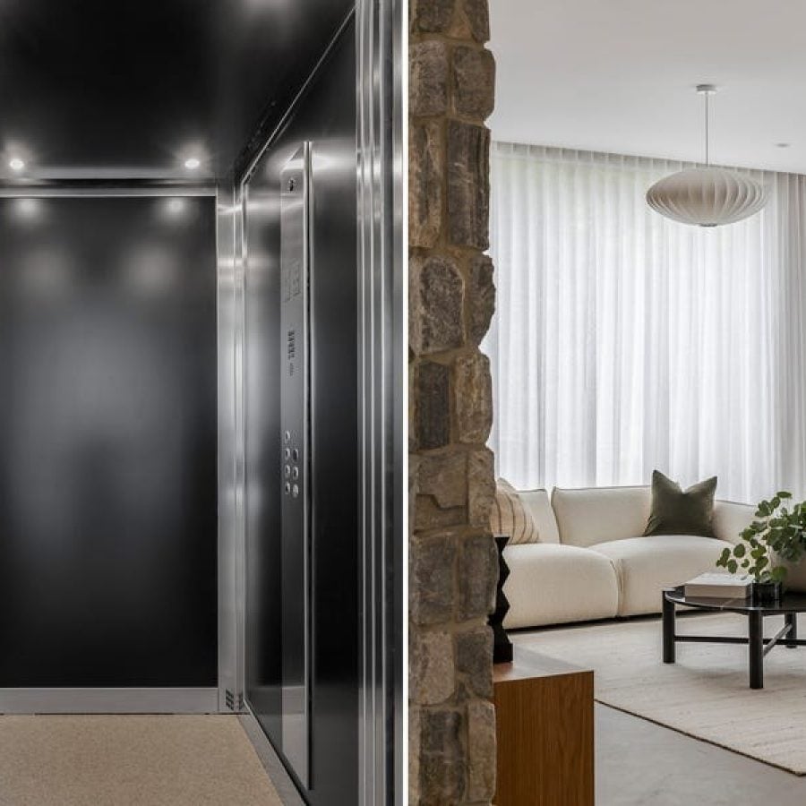 Luxury Lift Shop A Series home elevator with matt black cabin walls and brushed stainless steel finishes in Kew residence