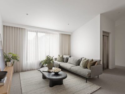 Modern living room with integrated Lift Shop home elevator access in luxury Kew residence